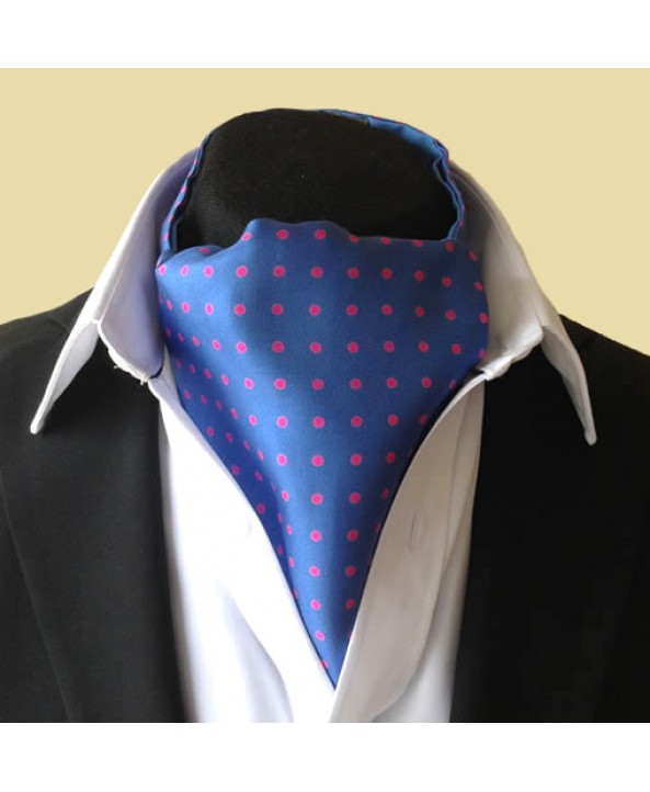 Fine Silk Spotted Cravat with Pink Spots on French Blue